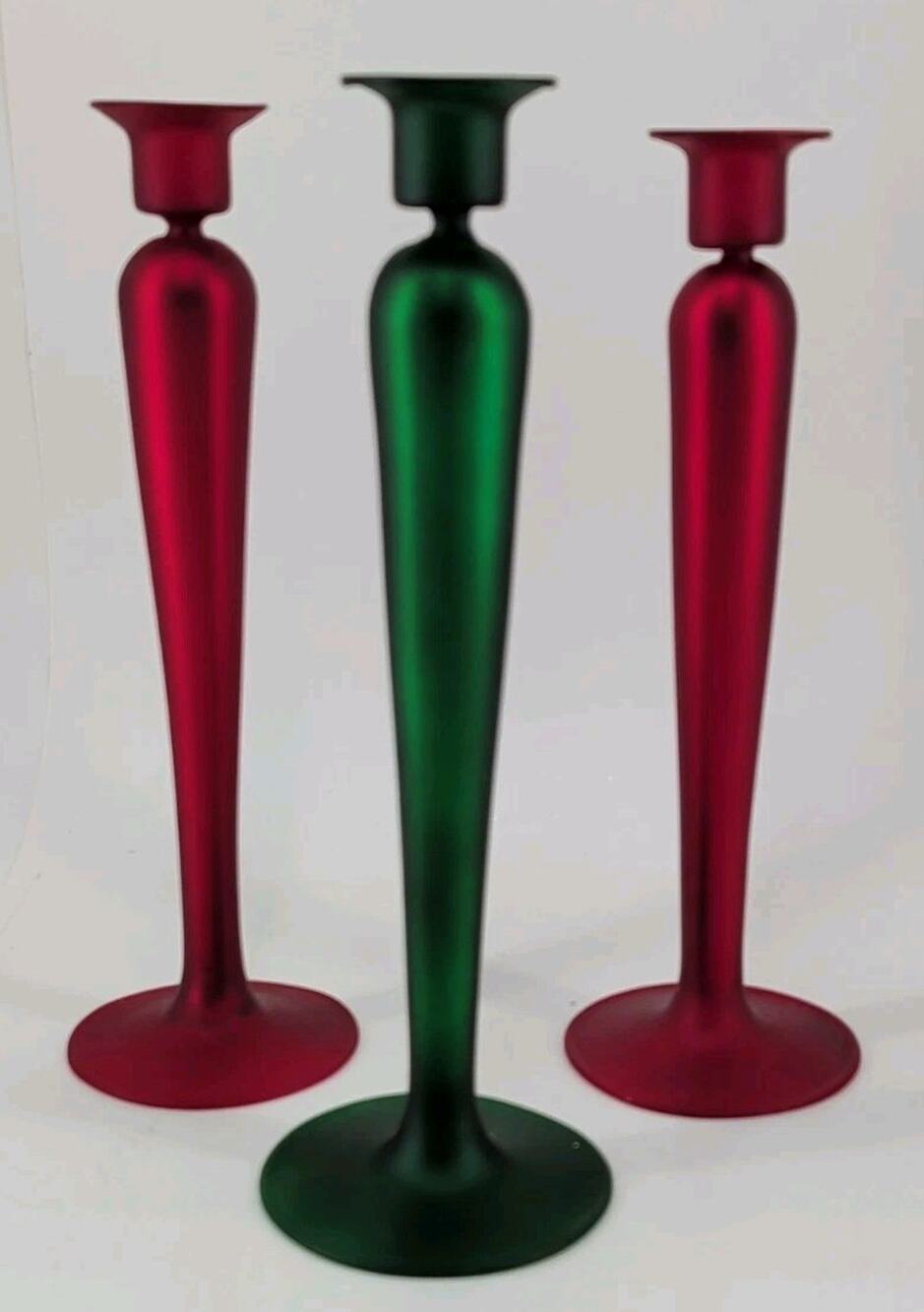 3 10" Blown Frosted Mercury Glass Dept 56 Flared Footed Candle Holders Red/Green